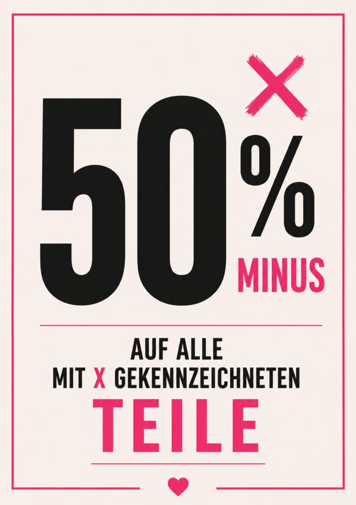 Neue Aktion. 50% Rabat auf markierte Teile